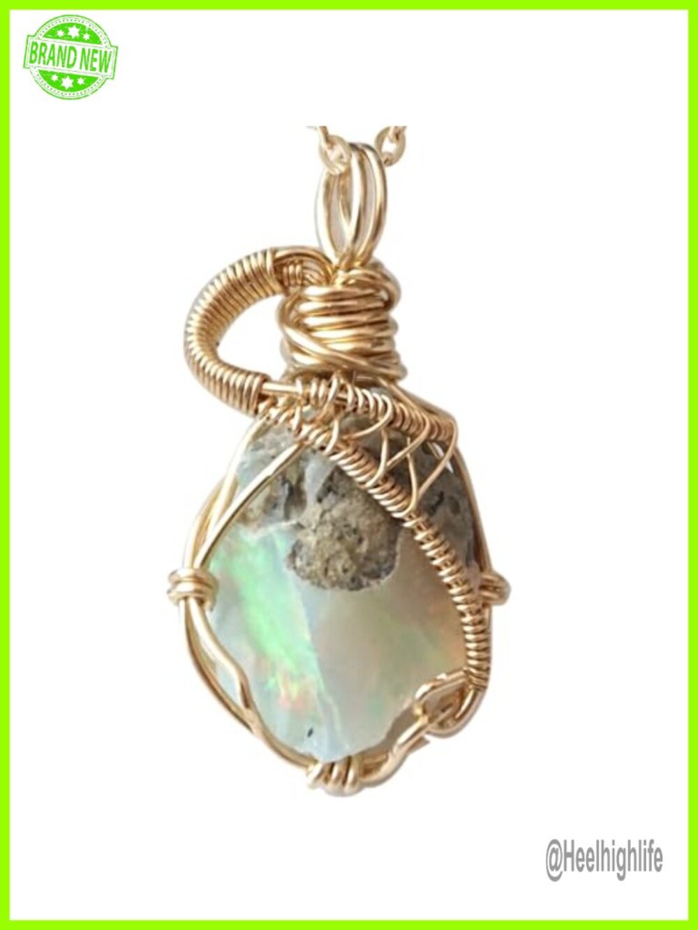 Raw Opal Pendant Necklace 14K Gold Filled Chain 18 Inch Handmade Wire Wrapped